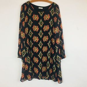 Entro Dress Aztec Print Navy Sheer Bell Sleeve L